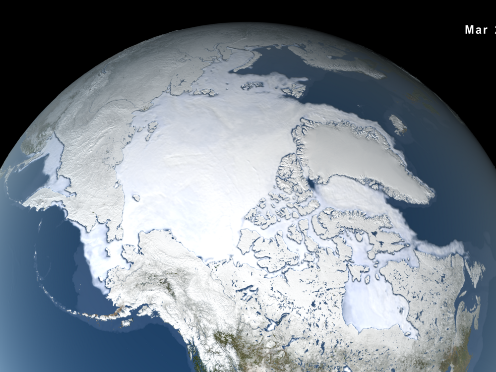 Sea ice in the Arctic in March 2025. NASA tracks changes in sea ice at both poles using data from satellites. Scientists will rely on data from a Japanese satellite sensor to monitor sea ice going forward, because the U.S. Department of Defense will no longer share similar data from American satellites.