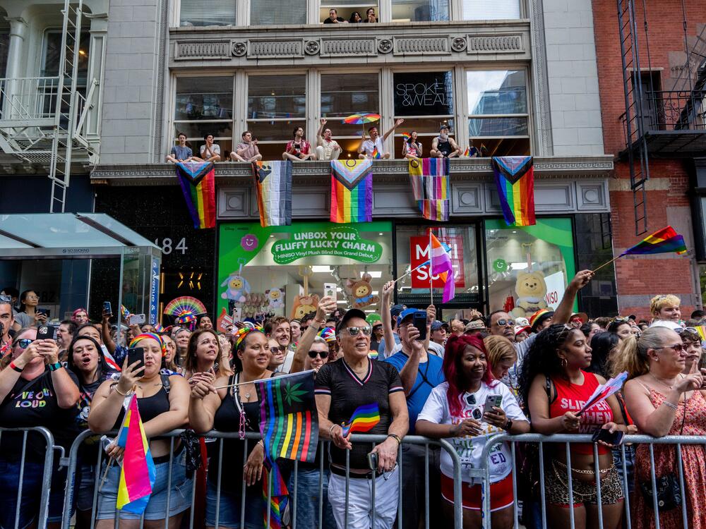 Crowds watch as people take part in the 2025 NYC Pride March on Sunday in New York City.