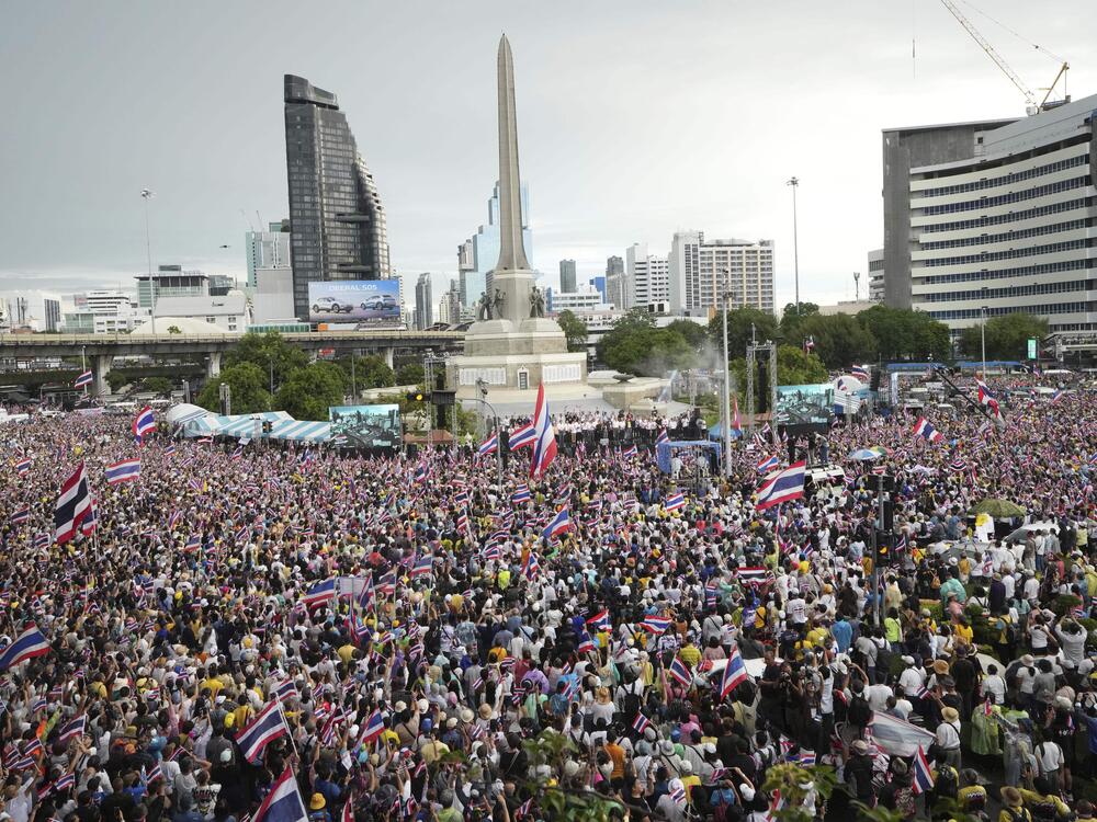 Protesters gather at Victory Monument demanding Thailand's Prime Minister Paetongtarn Shinawatra resign in Bangkok, Thailand on Saturday.