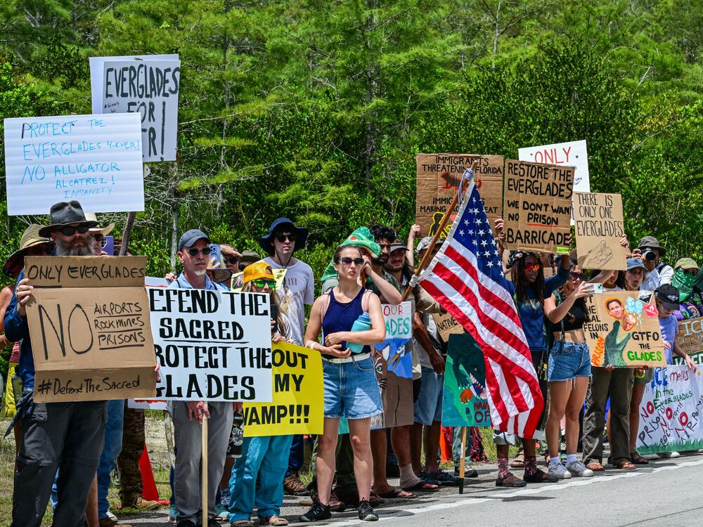 Demonstrators hold signs as they protest the construction of 