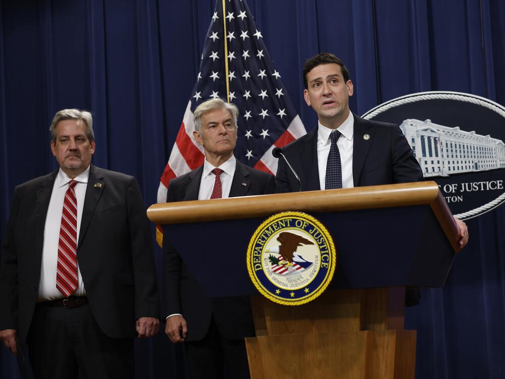Matthew Galeotti, head of the Justice Department's Criminal Division, delivers remarks during a press conference at the Department of Justice on June 30. Galeotti is shown with Assistant Administrator of the Drug Enforcement Agency Thomas Prevoznik and Administrator for the Centers for Medicare and Medicaid Services Mehmet Oz.