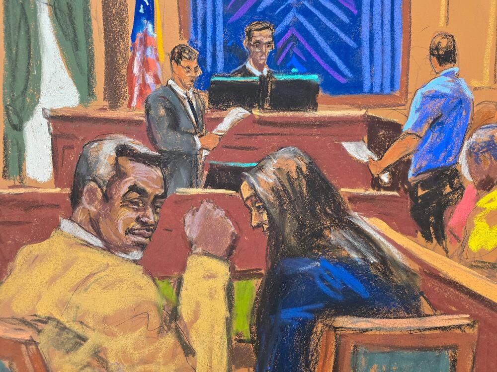 Sean Combs reacts as the jury foreperson and courtroom deputy read verdicts of the five counts against him during Combs' sex trafficking trial in New York City in this courtroom sketch. The music mogul was found guilty of two counts of transportation to engage in prostitution but acquitted of sex trafficking and racketeering conspiracy.
