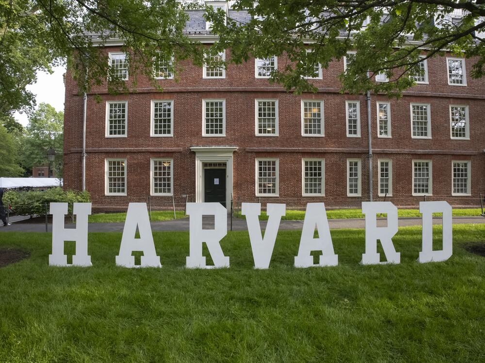 A Harvard sign is seen at Harvard University's campus in May.