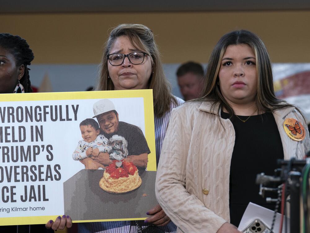 Jennifer Vasquez Sura (right), the wife of Kilmar Abrego Garcia, who was mistakenly deported to El Salvador, stands with supporters during a news conference at CASA's Multicultural Center in Hyattsville, Md., on April 4.