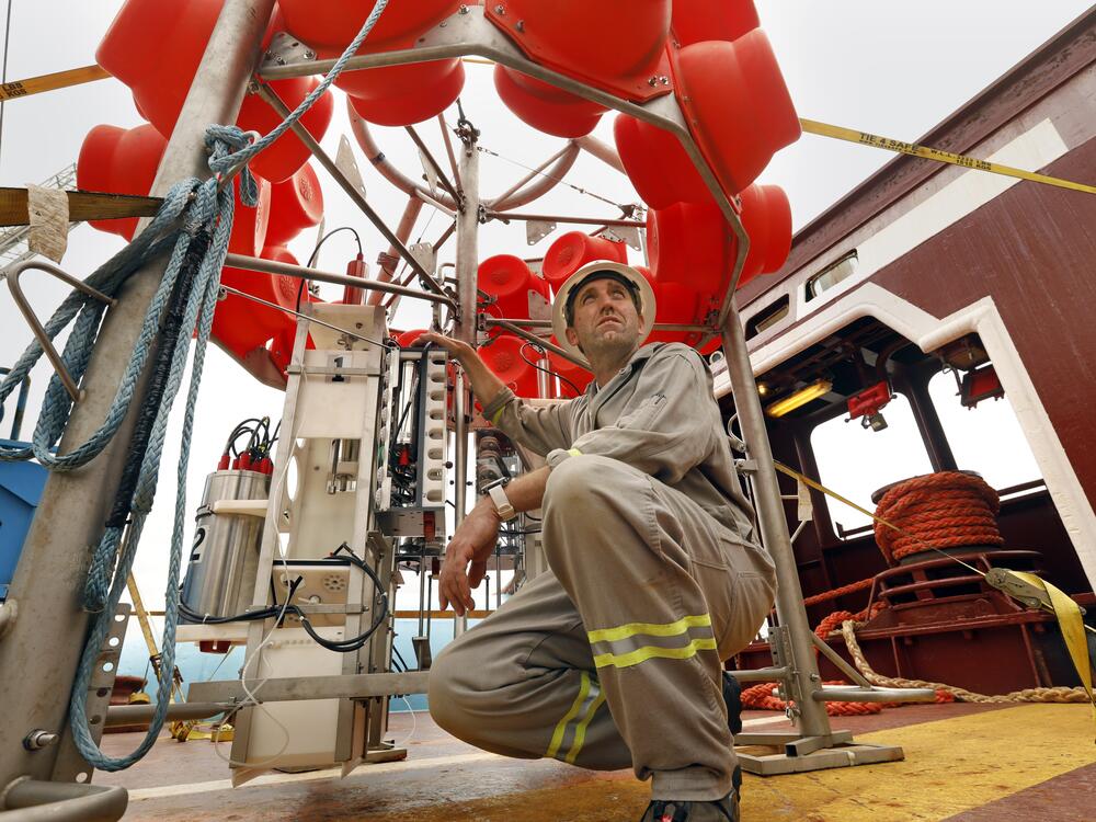 Andrew K. Sweetman, professor and research leader at the Lyell Centre for Earth, Marine Science, and Technology at Heriot-Watt University in Edinburgh, Scotland explains how sample are obtained from deep in the ocean during research in 2021 on the potential environmental impacts of deep-sea mining. Many ocean researchers have raised concerns about the potential effects on an ecosystem that scientists still know relatively little about.