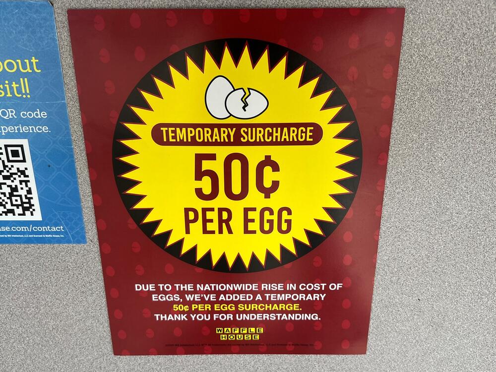 A Waffle House outlet in Houston warned customers of a 50 cent surcharge on eggs in February.  The chain dropped the surcharge four months later as egg prices began to normalize.