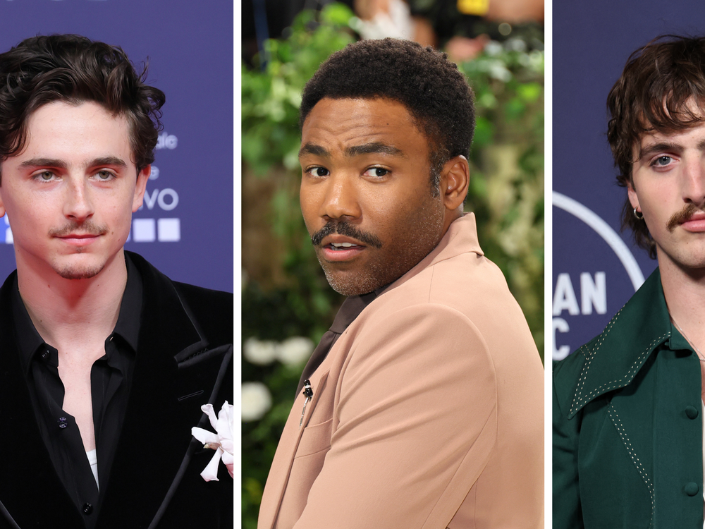 Timothée Chalamet, Donald Glover and Benson Boone sporting just a mustache, no beard.