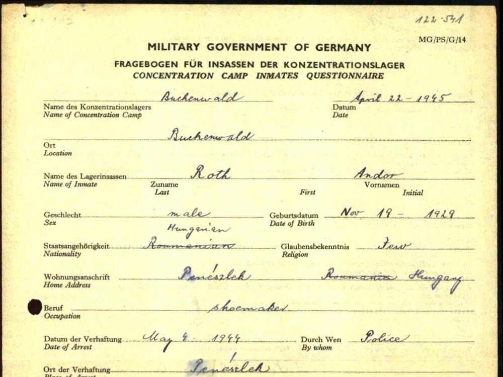 Andrew Roth's official questionnaire, completed after the U.S. Army liberated Buchenwald, a Nazi concentration camp in Germany. Roth was given the name 