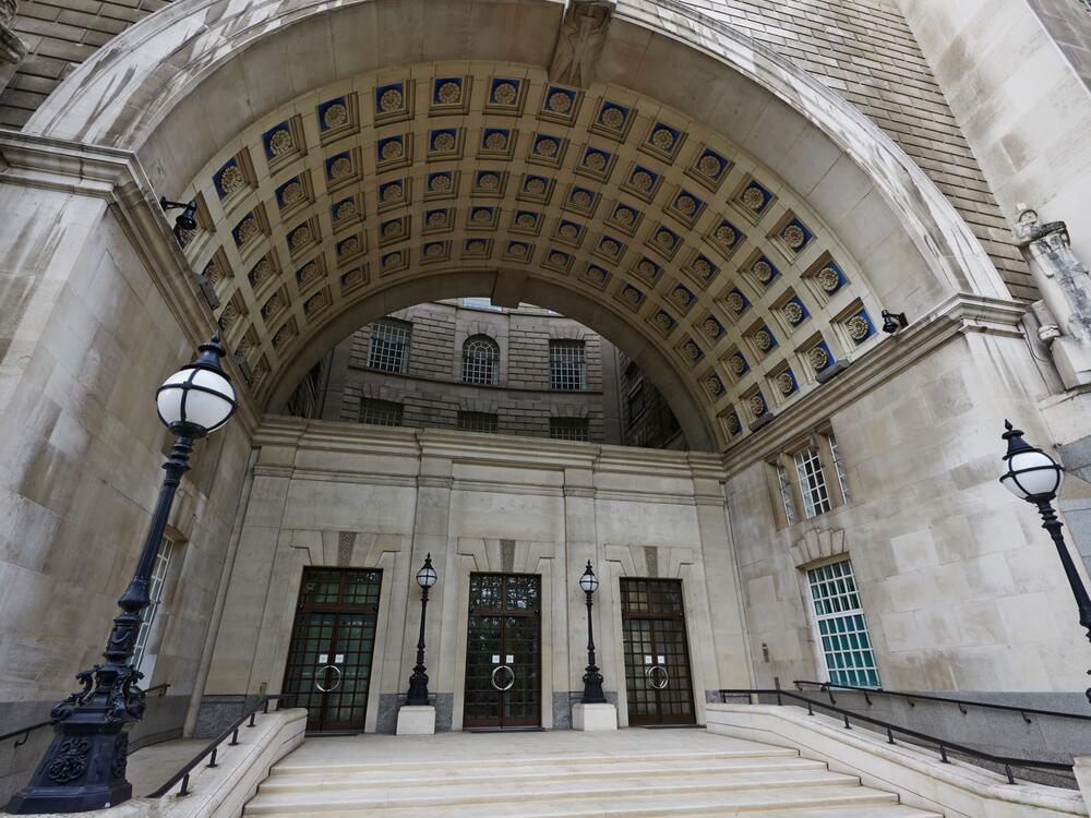 The entrance to the headquarters of MI5, Britain's domestic intelligence agency, in London.