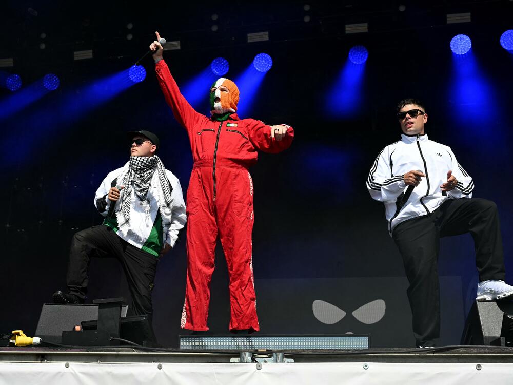 Irish rap band Kneecap perform at the Glastonbury festival on Saturday.