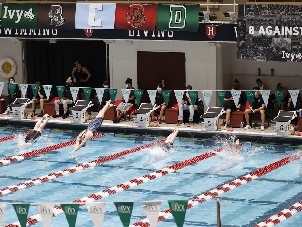 Swimmers including Penn's Lia Thomas, lane 4, dive into the water at the start of a qualifying heat of the 200 yard freestyle at the Ivy League Women's Swimming and Diving Championships at Harvard University, Feb. 18, 2022, in Cambridge, Mass.