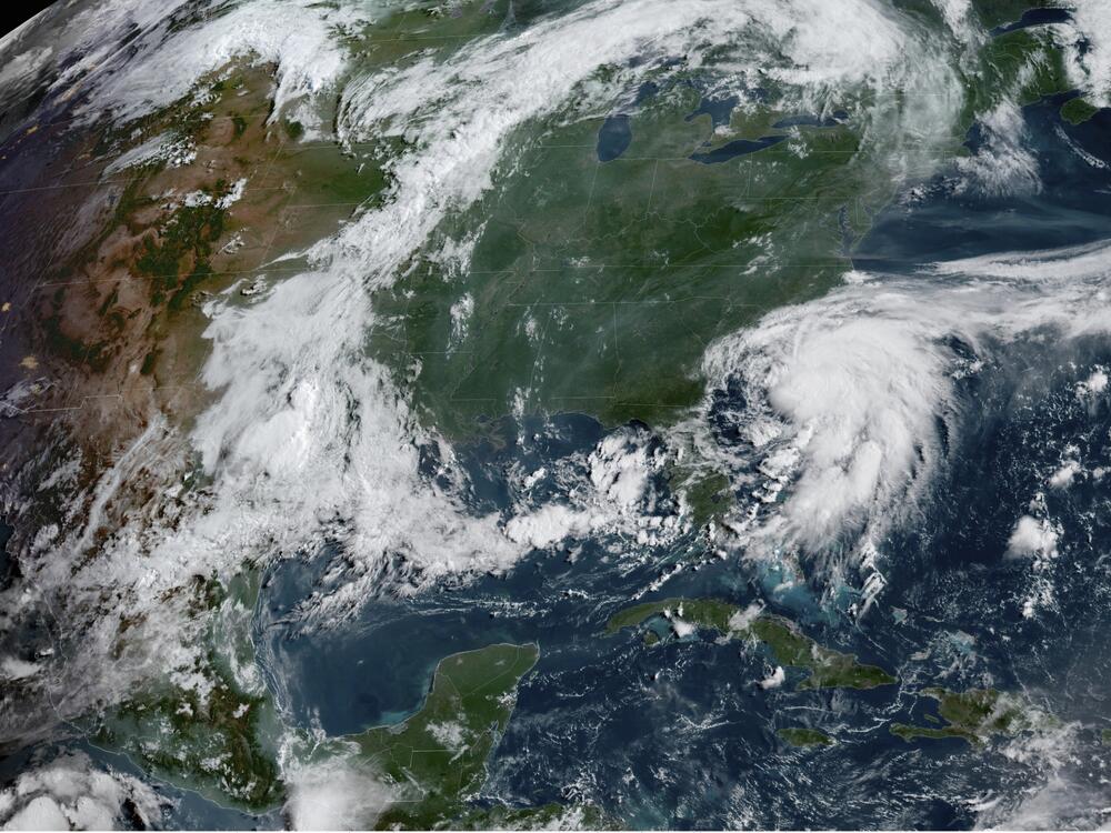 This image provided by NOAA shows Tropical Storm Chantal forming off the coast of the Carolinas on Saturday, July 5, 2025.