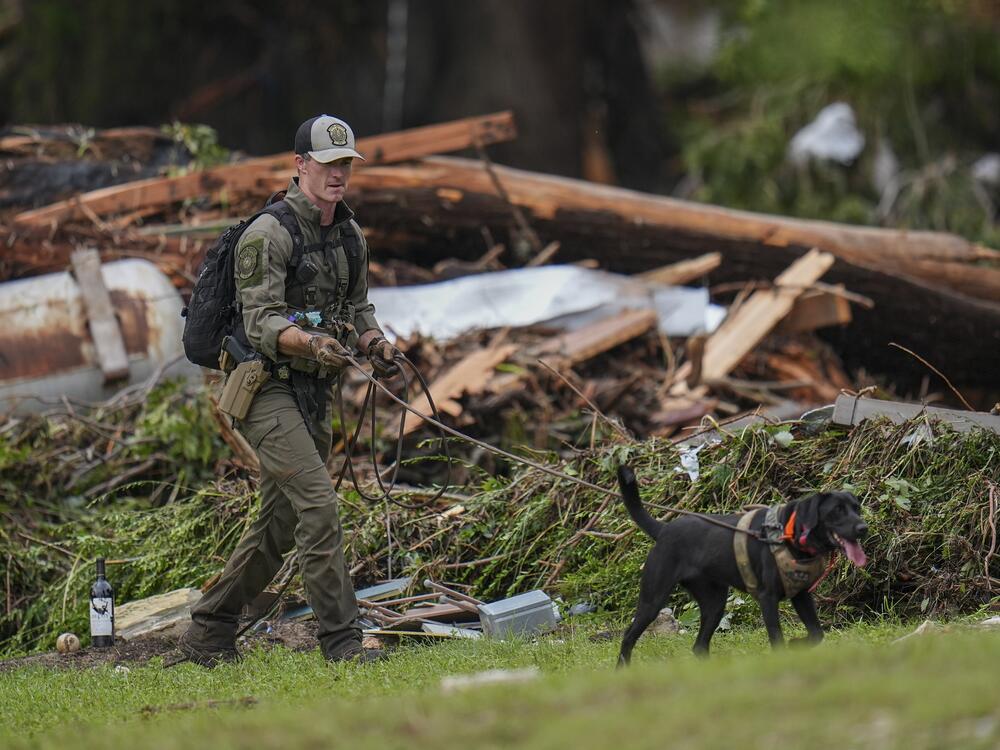 Officials comb through the banks of the Guadalupe River after a flash flood swept through the area in Hunt, Texas.