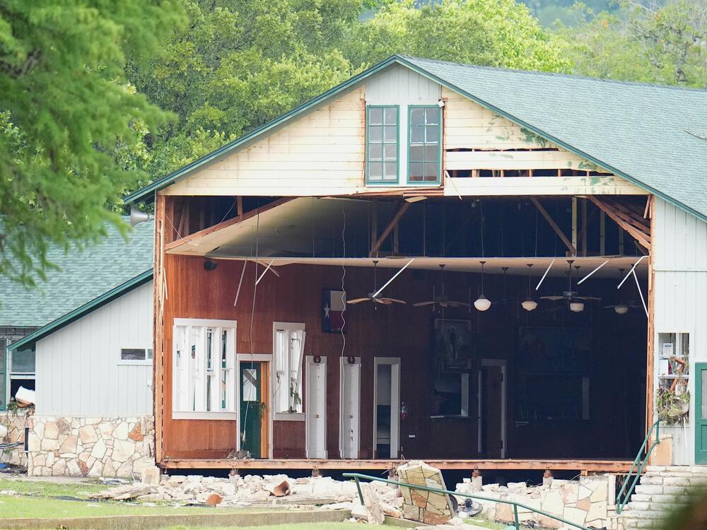 A wall is missing on a building at Camp Mystic along the banks of the Guadalupe River after a flash flood swept through the area in Hunt, Texas.