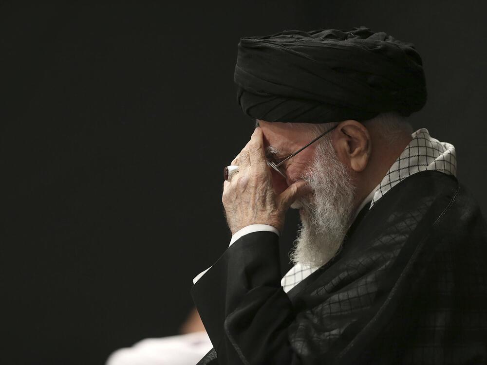 Iranian Supreme Leader Ayatollah Ali Khamenei attends a mourning ceremony commemorating the death anniversary of the Prophet Muhammad's grandson, in Tehran, Iran, on Saturday.