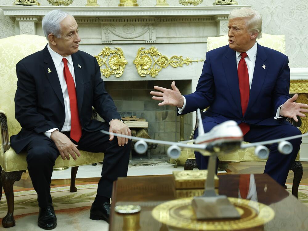 President Donald Trump speaks alongside Israeli Prime Minister Benjamin Netanyahu during a meeting in the Oval Office of the White House on April 7, 2025, in Washington, D.C. Netanyahu and Trump are to meet again on Monday.