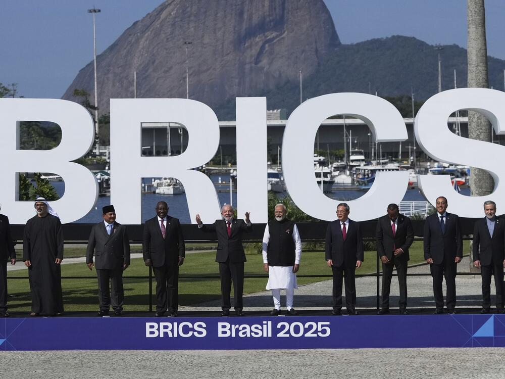World leaders pose for a group photo at the 17th annual BRICS summit in Rio de Janeiro, Sunday, July 6, 2025.