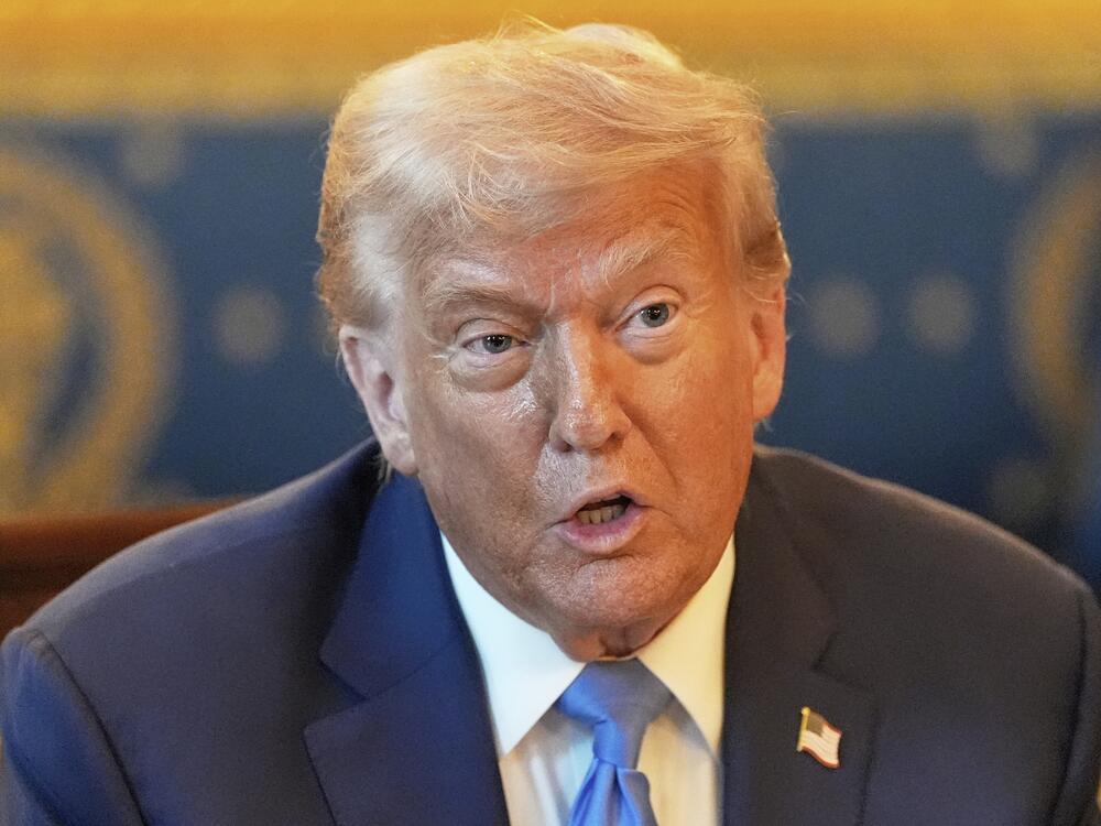 President Trump speaks in the Blue Room of the White House on Monday.