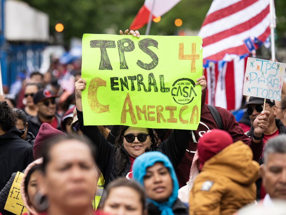Demonstrators march in Washington, D.C. to demand Temporary Protected Status for Nicaragua, Honduras, Guatemala, and El Salvador on May 1, 2023.