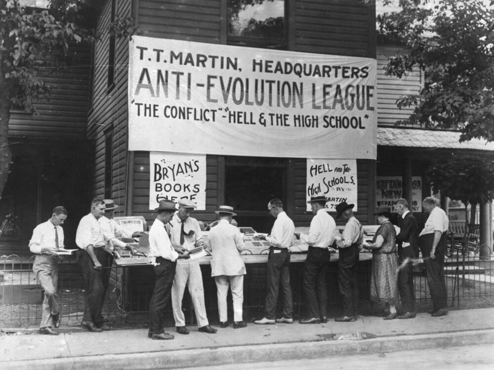 Anti-evolution books on sale in Dayton, Tenn., where teacher John Scopes was put on trial for teaching evolution in the famous 1925 
