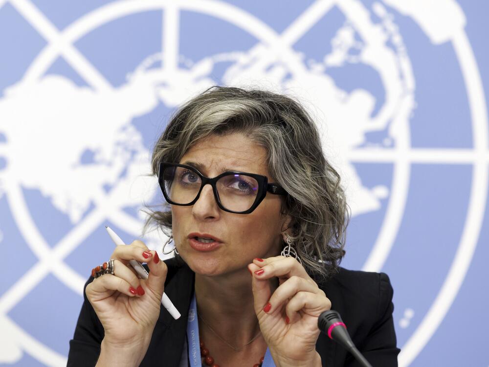 Francesca Albanese, Special Rapporteur on the situation of human rights in the Palestinian territories occupied since 1967, talks to the media during a press conference at the European headquarters of the United Nations in Geneva, Switzerland, July 11, 2023.