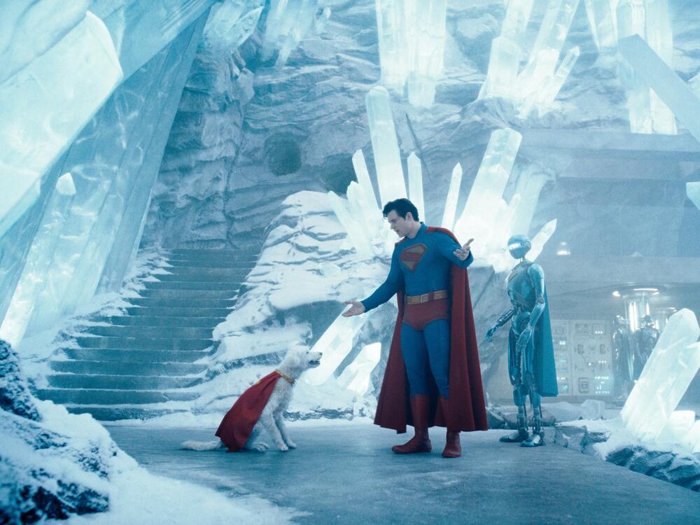 Krypto the dog and David Corenswet as Superman in Warner Bros. Pictures' Superman, a Warner Bros. Pictures release.