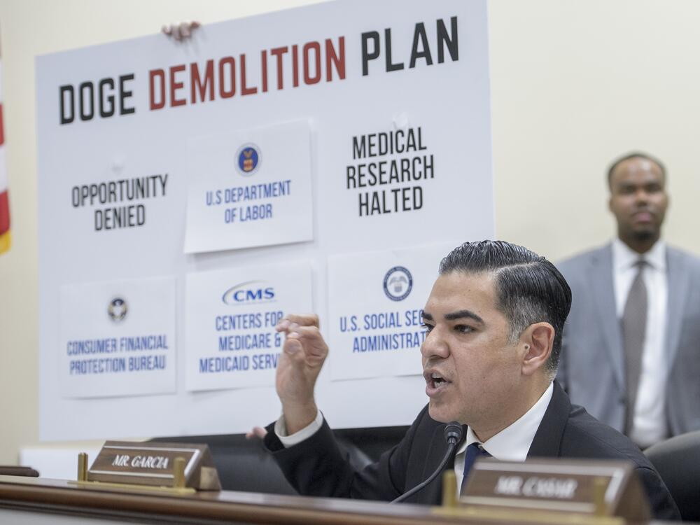 Rep. Robert Garcia, D-Calif., questions witnesses during a House Oversight and Government Reform subcommittee hearing on Feb. 12, 2025, on Capitol Hill.
