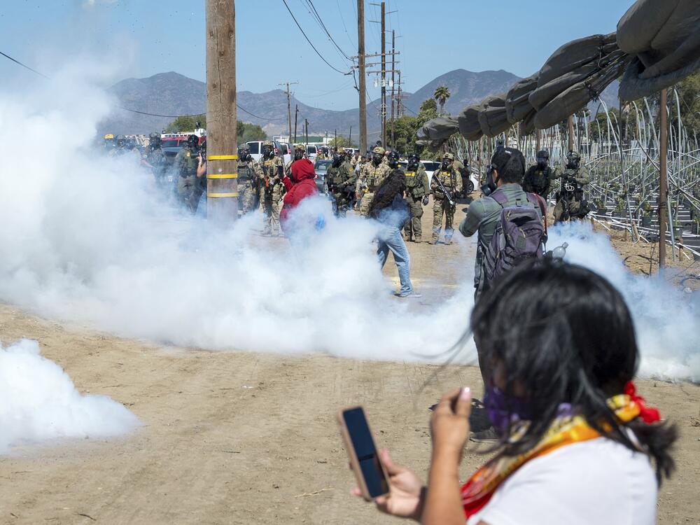 Federal immigration agents toss tear gas at protesters during a raid in the agriculture area of Camarillo, Calif., Thursday, July 10, 2025.