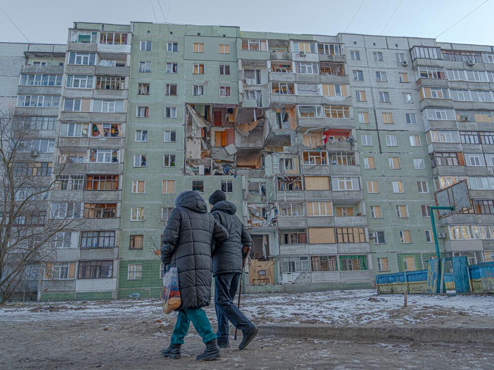 An apartment building in the city of Sumy after Russia struck it with a Shahed drone early this year. 