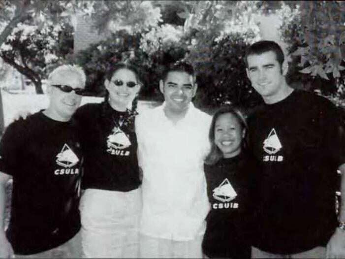 Then-student government president Robert Garcia (middle) stands with fellow students Chance Decker (left), Casey Mercer (left of center), Sheryl Mauricio (right of center) and Wayne Stickney-Smith (right).