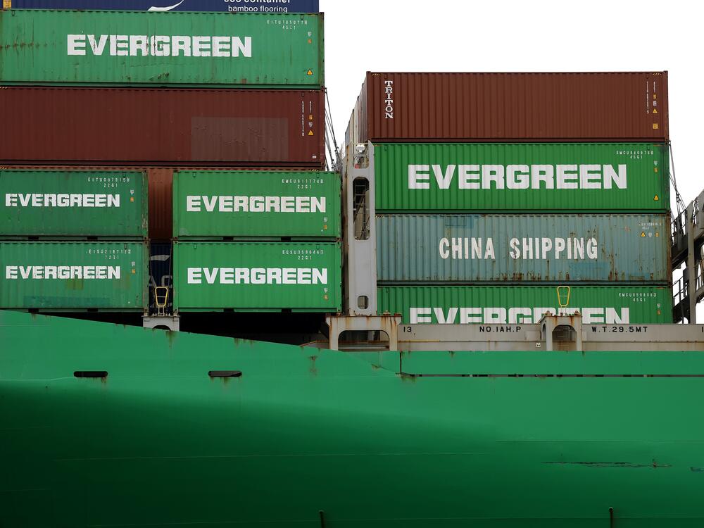 Shipping containers are stacked on a container ship docked at the Port of Los Angeles in California on May 6.