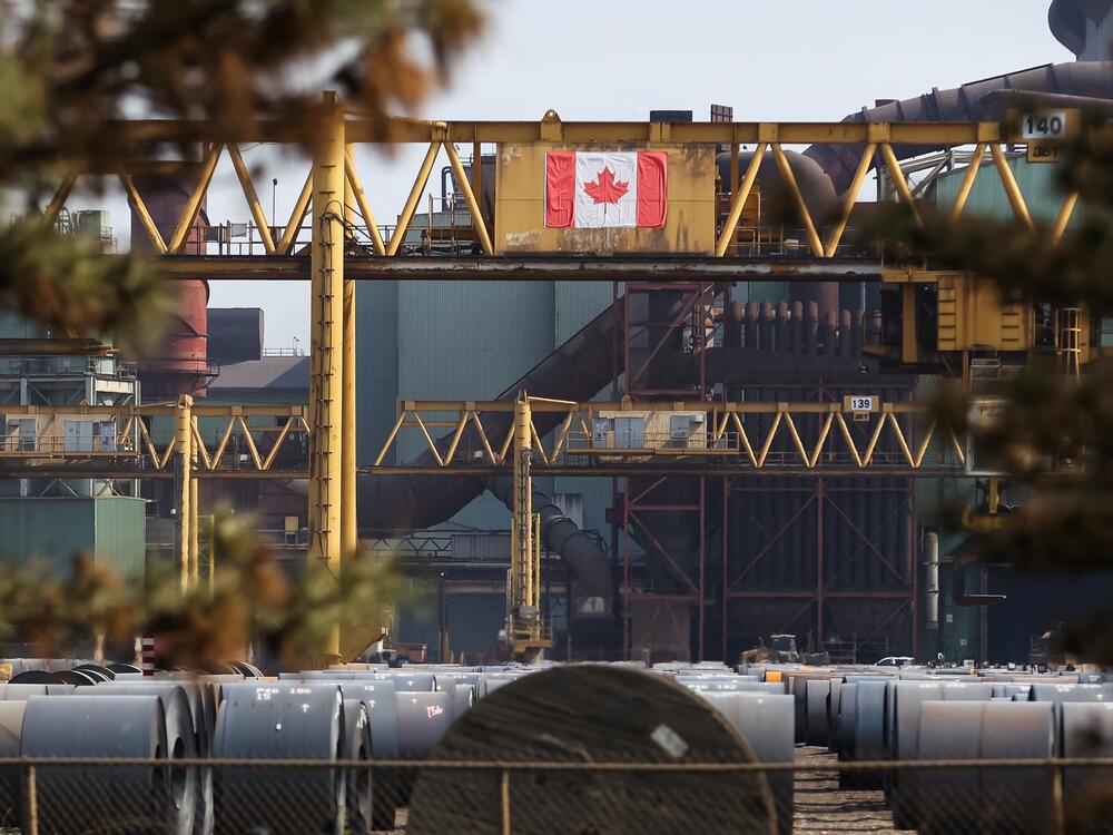 Rolls of steel sit in a yard at Canadian steel company Stelco's Hamilton Works steel plant in Hamilton, Ontario, on June 4.