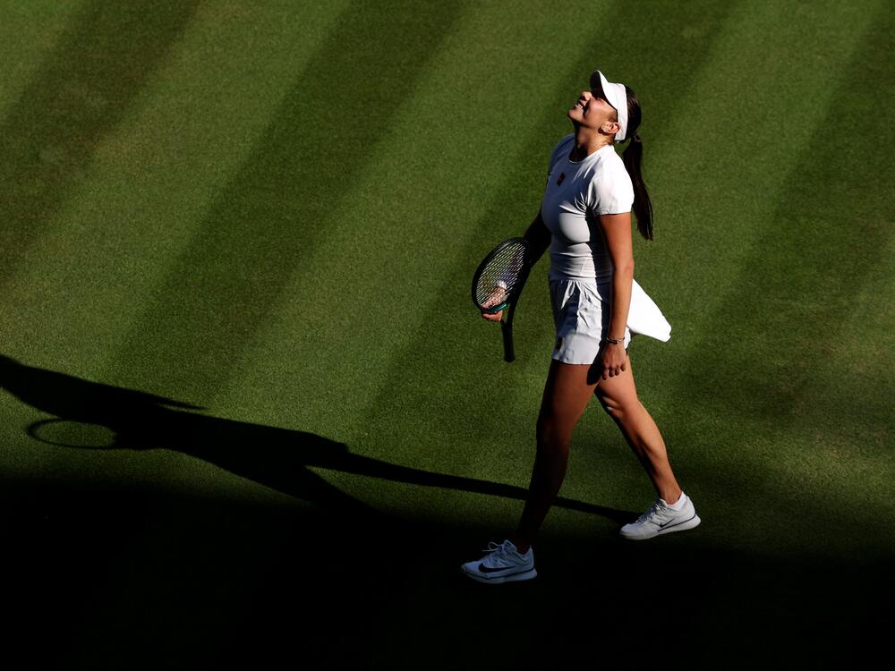 American tennis player Amanda Anisimova celebrates her Wimbledon quarter-final victory against Anastasia Pavlyuchenkova this week at the All England Lawn Tennis & Croquet Club in London.