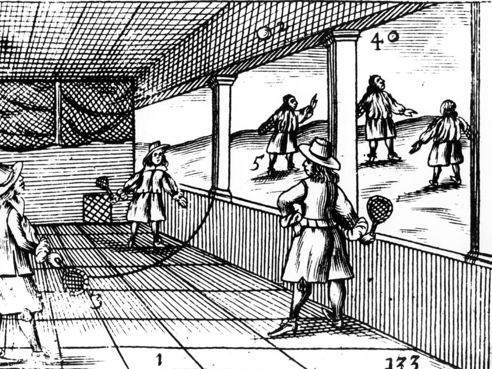 An engraving of a tennis match from 1659.