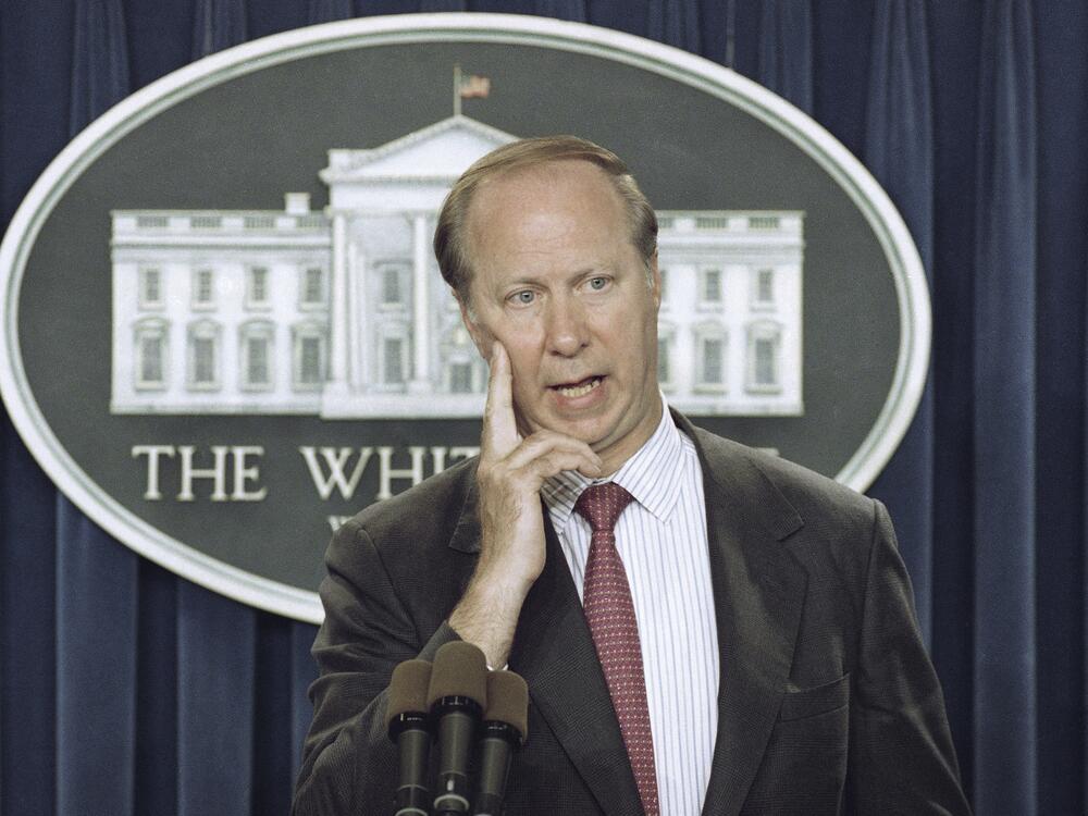 David Gergen answers a reporter's question in the briefing room of the White House in Washington on June 7, 1993.
