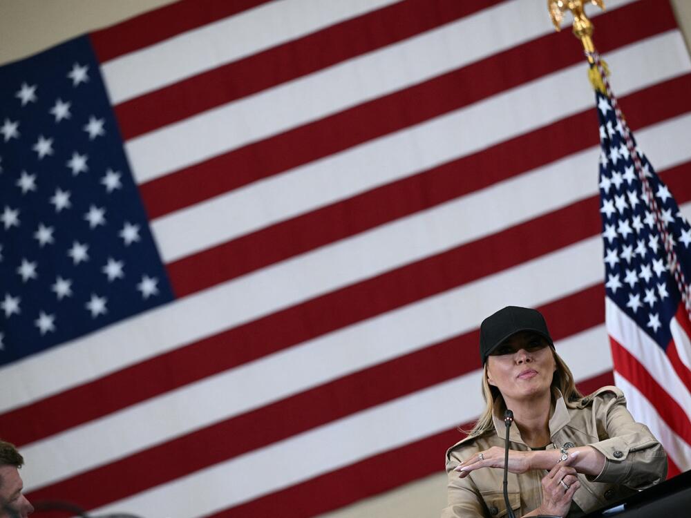 First lady Melania Trump speaks during a meeting with local officials and first responders in Kerrville, Texas, on July 11, following devastating flooding in the area over the July 4 weekend. Brendan SMIALOWSKI / AFP) (Photo by BRENDAN SMIALOWSKI/AFP via Getty Images)