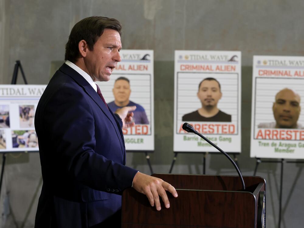 Florida Gov. Ron DeSantis speaks during a press conference, in front of posters of people that law enforcement arrested. DeSantis talked about a multi-agency immigration enforcement effort named Operation Tidal Wave that they say resulted in more than 1,100 arrests in a single week in Florida.
