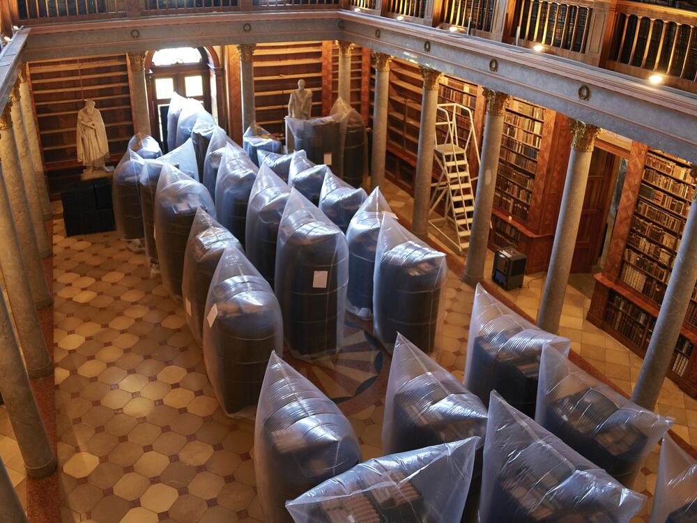 Books are kept in hermetically sealed plastic sacks for disinfection, at the Pannonhalma Archabbey's library in Pannonhalma, Hungary on July 3.