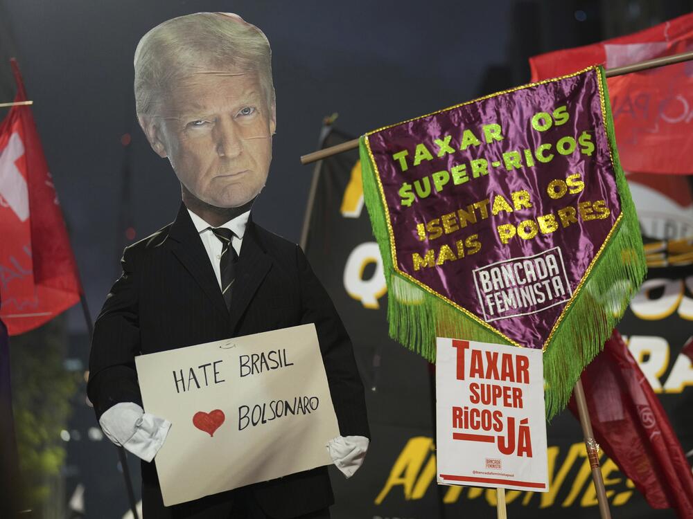 Protesters hold up an effigy of U.S. President Donald Trump in response to Trump's announcement of 50% tariffs on Brazilian goods, in Sao Paulo, Thursday, July 10.