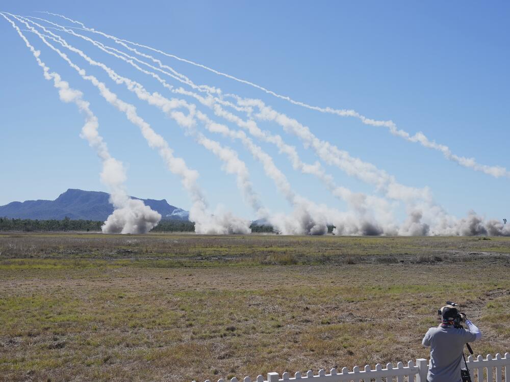 Rockets are launched from a High Mobility Artillery Rocket System during Exercise Talisman Sabre 2025, Australia's largest-ever war fighting drills at Shoalwater Bay Training Area, near Rockhampton, Australia, on Monday.