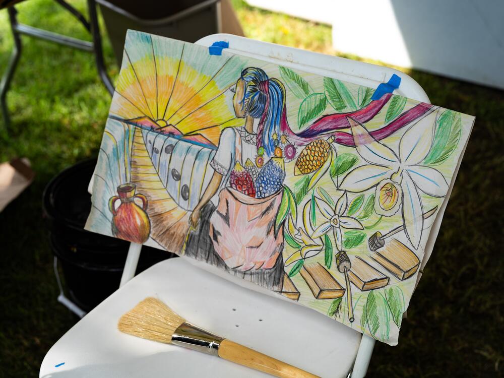 A small-scale study for the mural painted by Guatemalan artist Evelyn del Rosario Morán Cojoc and three student artists at this year's Smithsonian Folklife Festival in Washington, D.C.