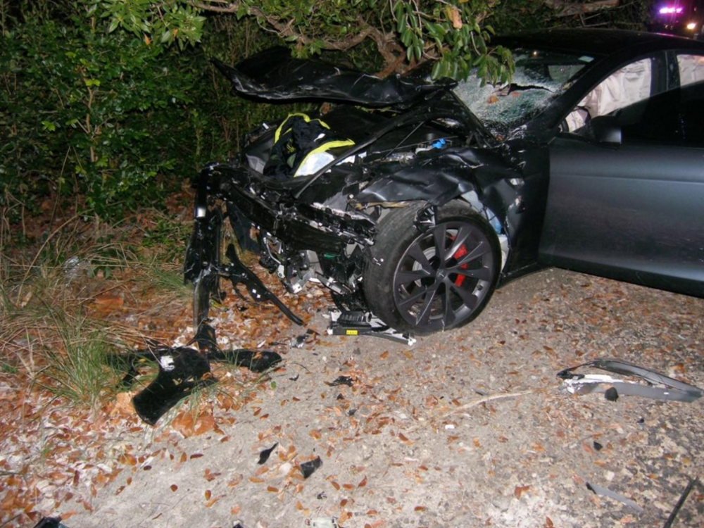 A Tesla Model S in the aftermath of a fatal crash in April 2019 near Key Largo, Fla. The driver survived, but the impact killed a 22-year-old woman and severely injured her companion.