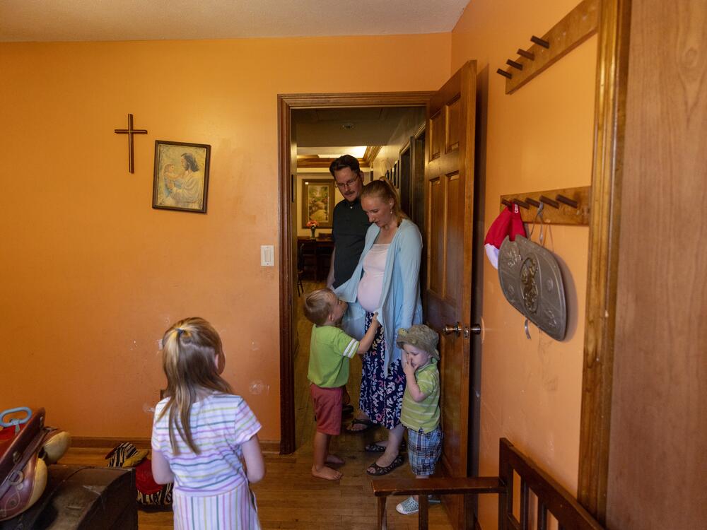 The Algers' younger children ready to play in a playroom at their home on June 28.