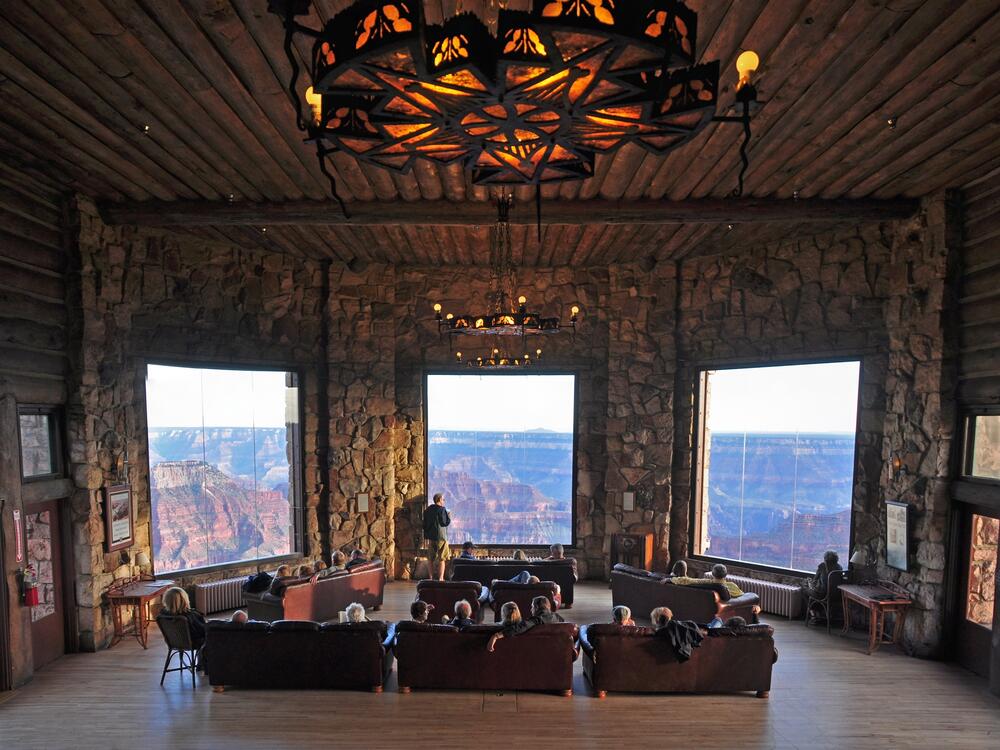 The view from the rebuilt Grand Canyon Lodge, the sole hotel on the canyon's North Rim. It was destroyed in a wildfire over the weekend, nearly a century after the original burned down.