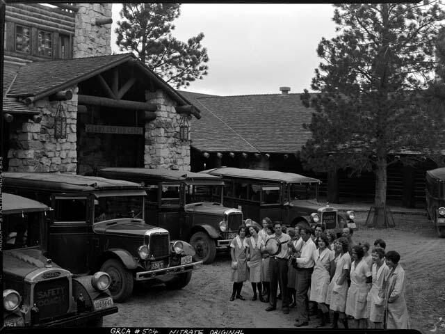 Employees sing as guests leave the Grand Canyon Lodge in July 1930, two years before the original building burned down.