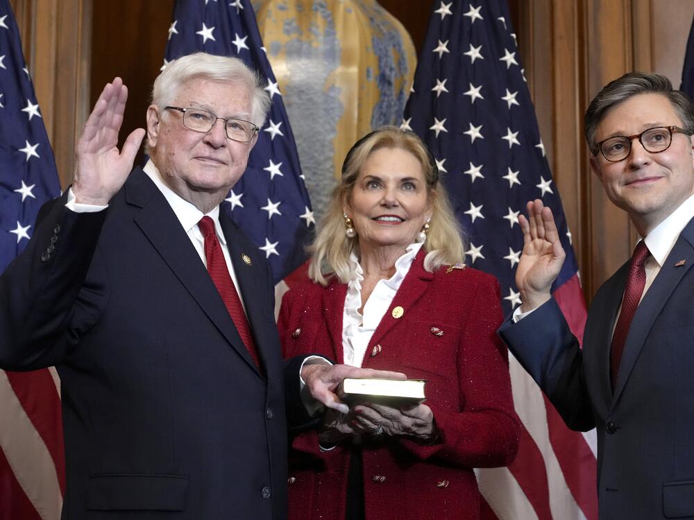 GOP Rep. Hal Rogers of Kentucky, left, poses during a ceremonial swearing-in with House Speaker Mike Johnson, a Republican from Louisiana, at the U.S. Capitol in January. On Monday, Rogers led Republican members of the House Appropriations Committee in releasing one of the latest bills in Congress that call for excluding millions of people living in the states without U.S. citizenship from a set of census counts that the 14th Amendment says must include the 