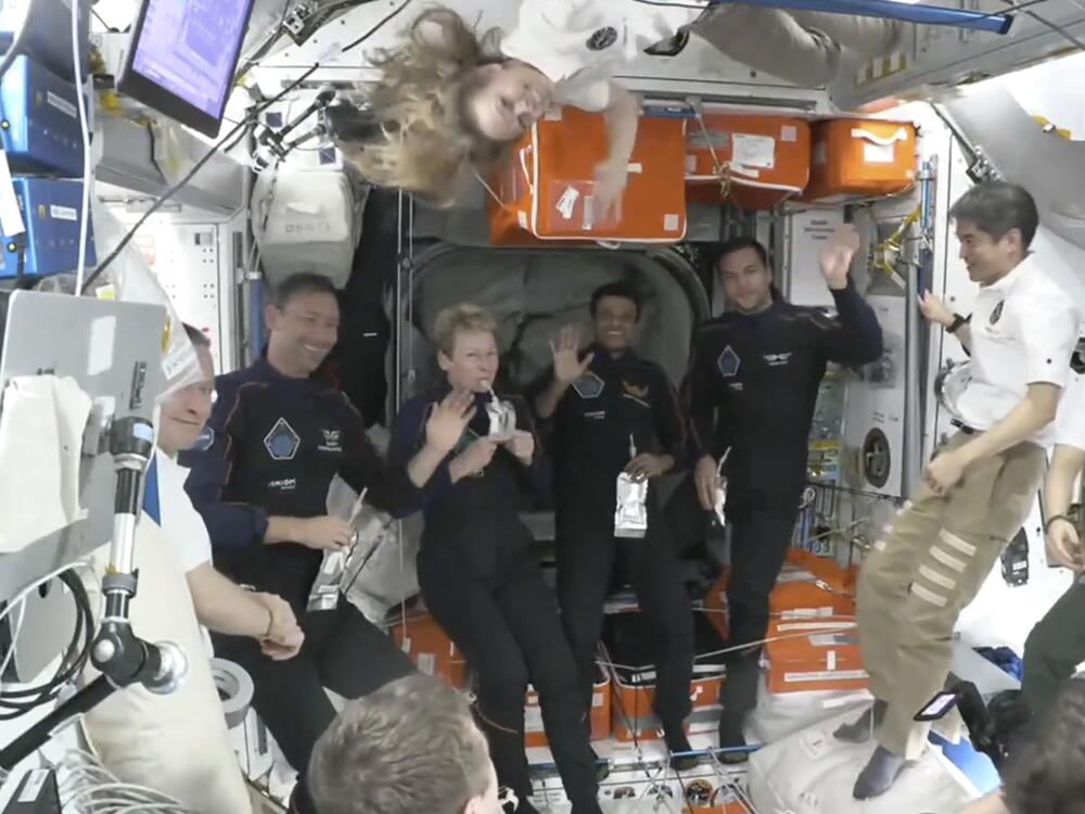 This image provided by NASA shows Axiom Space crew members from the Ax-4 mission from second left, Poland's Slawosz Uznanski-Wisniewski, Axiom Space's Peggy Whitson, India's Shubhanshu Shukla and Hungary's Tibor Kapu aboard the International Space Station, on June 26, 2025.
