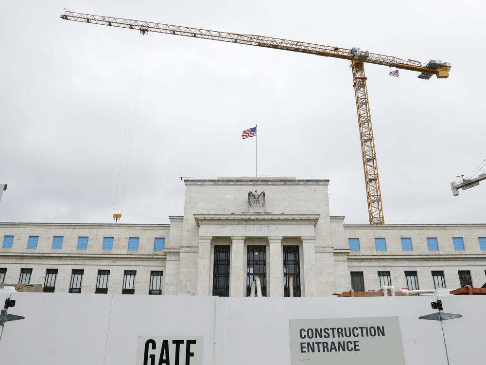 Construction work is done around the Federal Reserve building in Washington, D.C., on Sept. 17, 2024. The estimated cost of the project has jumped more than 30% in recent years, drawing criticism from the Trump administration and its allies.