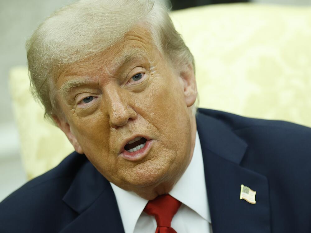 U.S. President Donald Trump delivers remarks during a meeting with NATO Secretary General Mark Rutte in the Oval Office at the White House on July 14 in Washington, DC.
