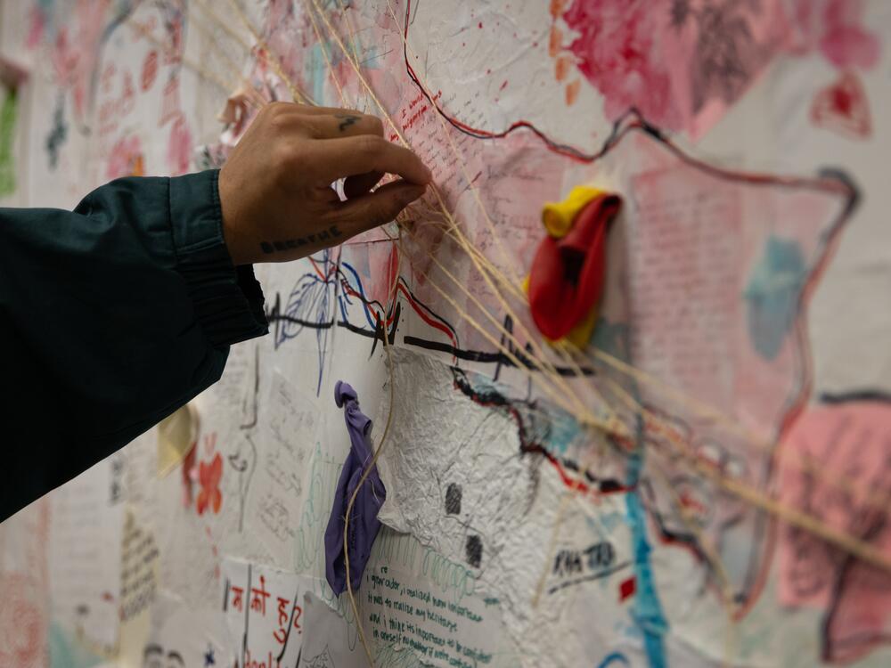 A map collage on display at the Asian Refugees United (ARU) office in Harrisburg, PA on April 16. On behalf of ARU, Asian Law Caucus recently filed a series of public records requests to seek information about the deportations.
